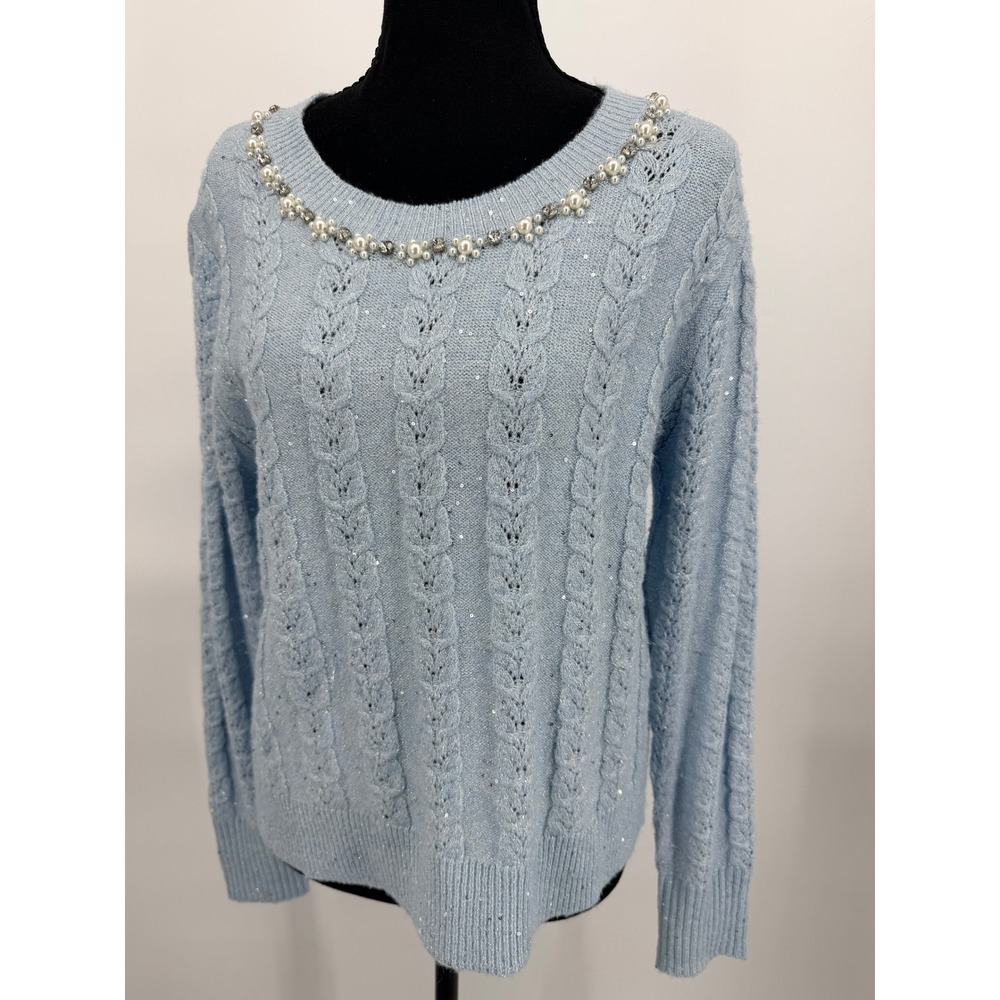 CeCe Cable Knit Sweater Women M Light Blue Excellent Pearl Sequin C990AS